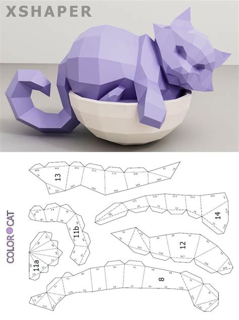 Papercraft Cat In A Bowl 3d Paper Craft Cat Model Digital Pdf