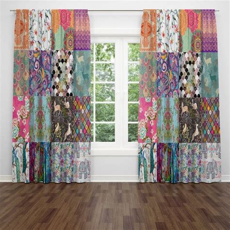 Boho Window Curtains Faux Patchwork Curtain Panels Etsy Patchwork