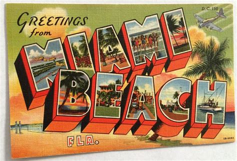 Fl Florida Vintage Large Letter Linen Greetings From Miami Beach Curt