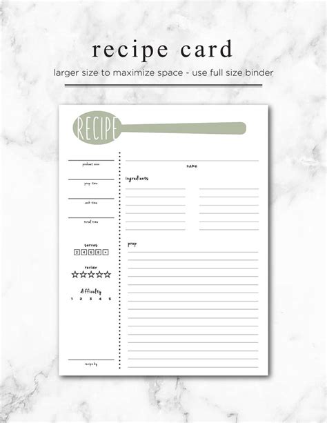 Recipe Card Printable Large Recipe Card 85x11 Recipe Page Etsy