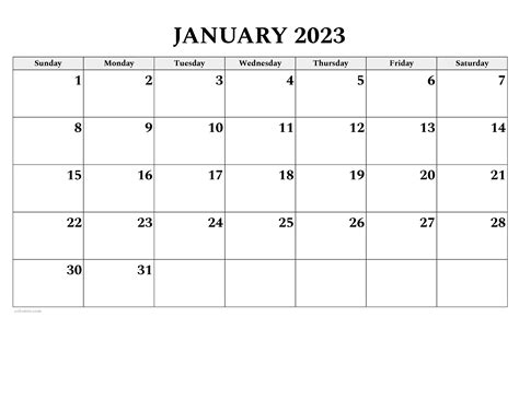 January 2023 Calendar Free Printable Pdf Xls And Png