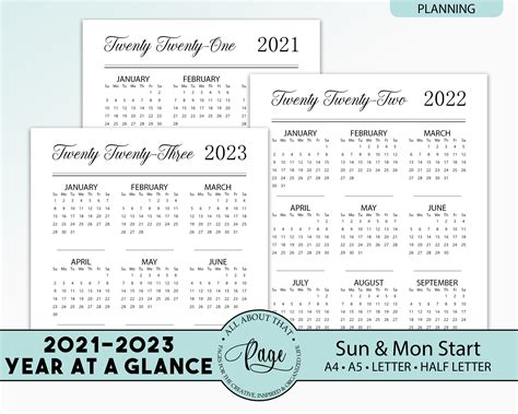 New 2021 2022 2023 Year At A Glance Calendar Month Sunday Etsy
