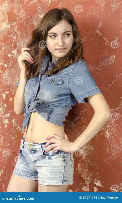Cheerful Young Teen Girl In Denim Shorts Stock Image Image Of Casual