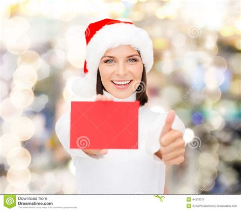 Woman In Santa Helper Hat With Blank Red Card Stock Image Image Of