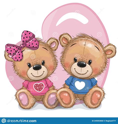 Cute Cartoon Teddy Bears On A Heart Background Stock Vector