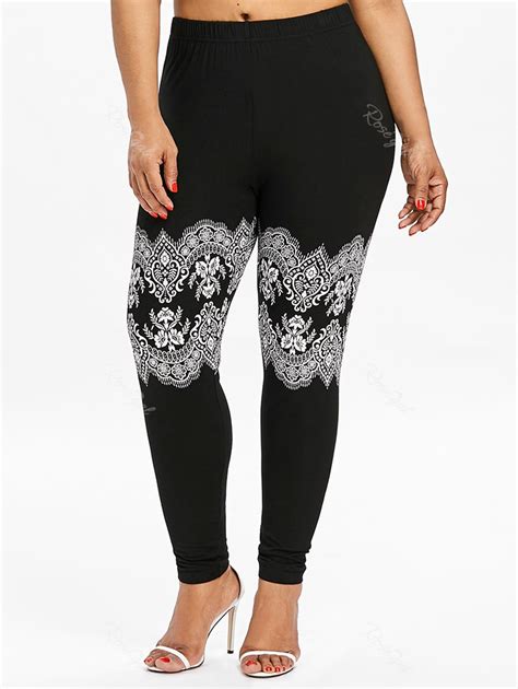 Off Plus Size Lace Print High Waist Leggings Rosegal