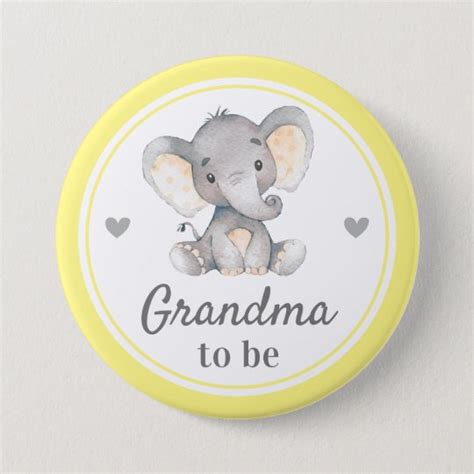 Grandma To Be Granny Yellow Elephant Baby Shower Button