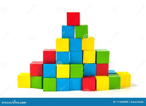 Colorful Stack Of Wood Cube Building Blocks On White Background Stock