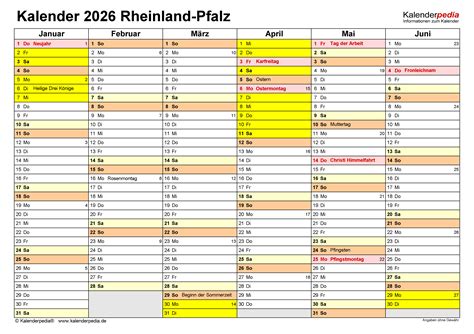 Kalender 2026 Rheinland Pfalz Ferien Feiertage Excel Vorlagen