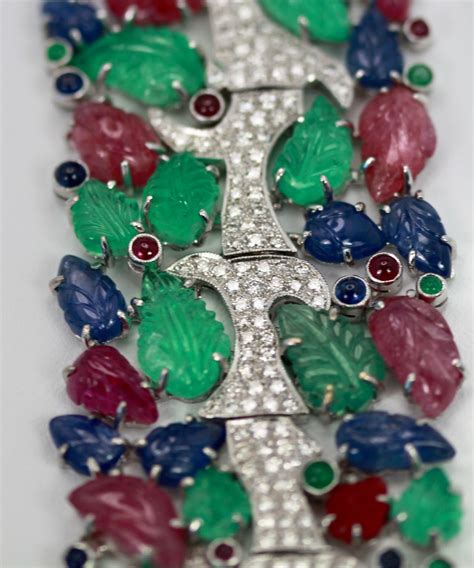 Tutti Frutti Carved Stones Diamond Bracelet 18 Karat Wide For Sale At