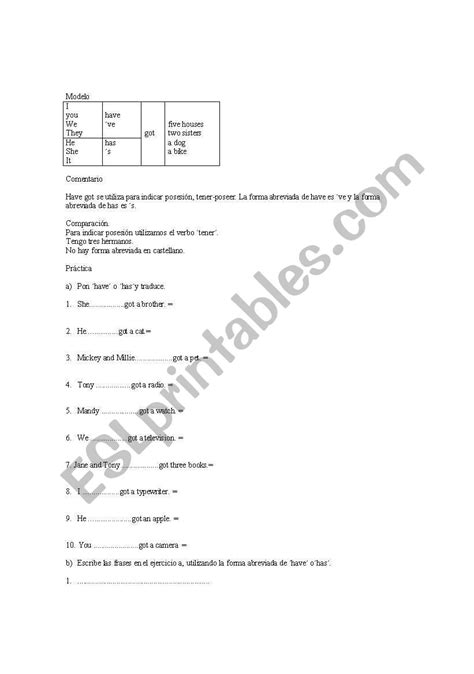 English Worksheets Exercices With Have Got And Has Got