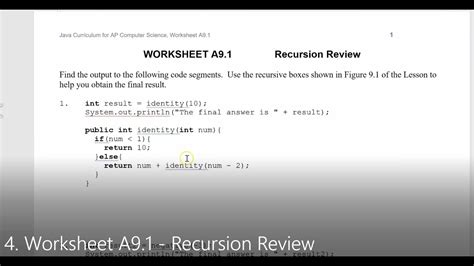 JAVA Lesson 136 APCSA 4 Worksheet A9 1 Recursion Review YouTube