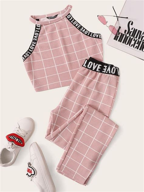 Ad Letter Tape Grid Textured Halter Top And Leggings Set Tags Sporty