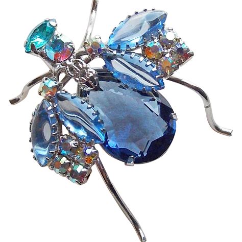 Fabulous Winged Insect Bug Blue Rhinestone Vintage Brooch From