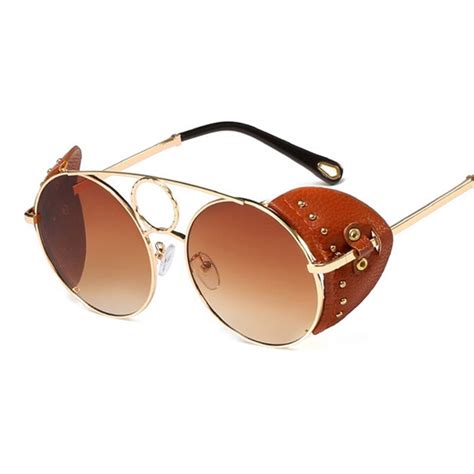Vintage Fashion Steampunk Style Round Sunglasses Women Leather Side Shield Brand Sunglasses