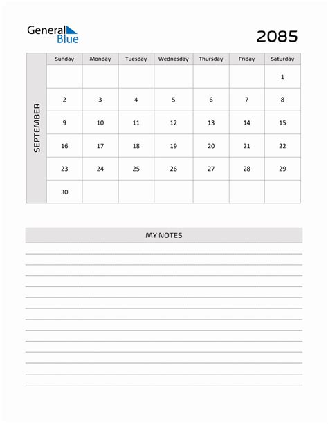 September 2085 Printable Monthly Calendar With Notes