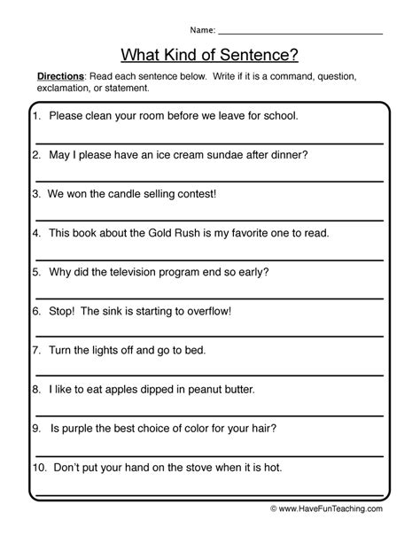 Identifying Sentence Types Worksheet Works