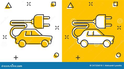 Electric Car Icon In Comic Style Electro Auto Cartoon Vector