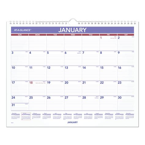Monthly Wall Calendar 15 X 12 Whiteredblue Sheets 12 Month Jan To