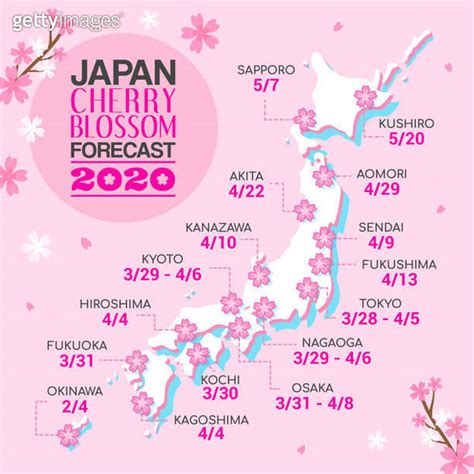 Japan Cherry Blossom Forecast 2020 Vector Illustration Japan Map On