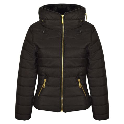 Girls Jacket Kids Padded Black Puffer Bubble Fur Collar Quilted Warm