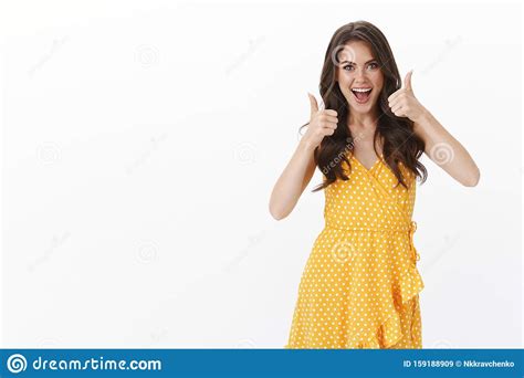 Upbeat Supportive Attractive Brunette Woman Cheering For Excellent Choice Show Thumbs Up