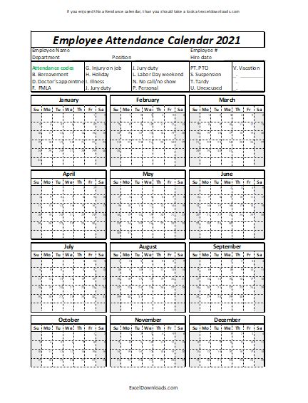 Employee Attendance Calendar 2021 Excel Calendar Template Excel