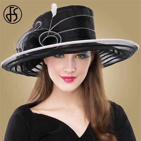 Fs Black Organza Church Hat For Women Elegant 2018 Kentucky Derby Wide Brim Hats Big Flowers