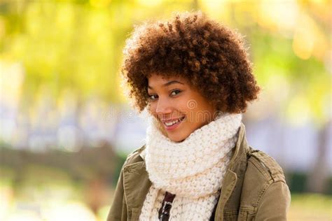 Autumn Outdoor Portrait Of Beautiful African American Young Woman