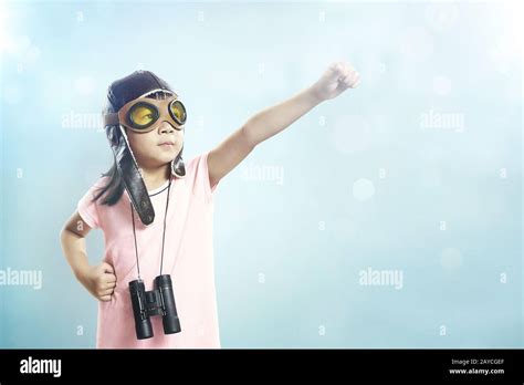 Little Asian Girl Wear Aviator Glasses And Telescope Stock Photo Alamy