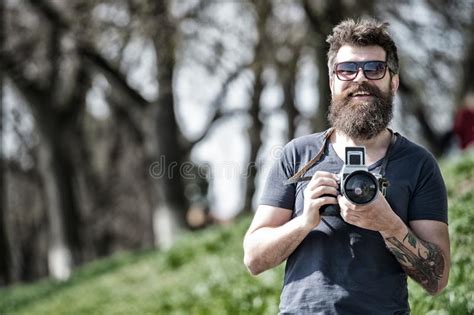 Photographer Concept Man Bearded Hipster Photographer Hold Vintage