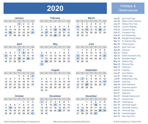 Calendar 2020 Vertex 42 Calendar Printables Free Templates
