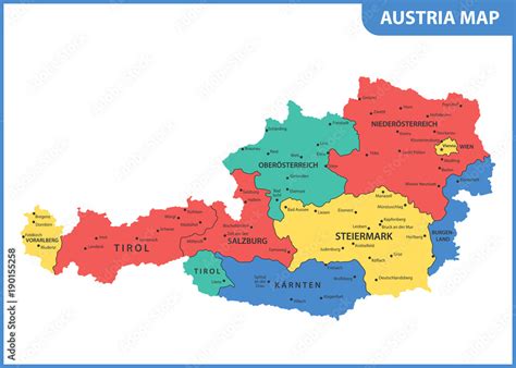Fototapeta The Detailed Map Of The Austria With Regions Or States And