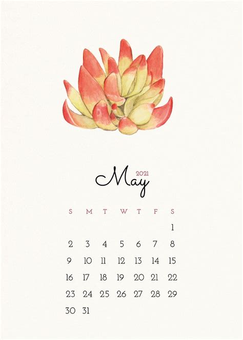 May 2021 Editable Calendar Template Vector With Watercolor Cactus