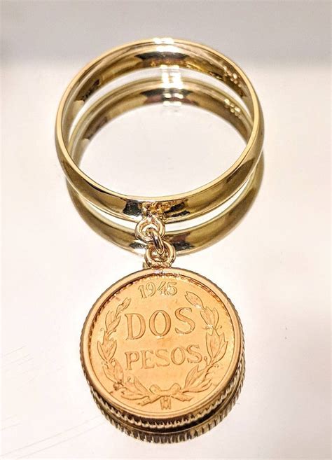 Genuine 2 Dos Peso Dangle Coin Ring In Solid 14kt Gold Setting Etsy