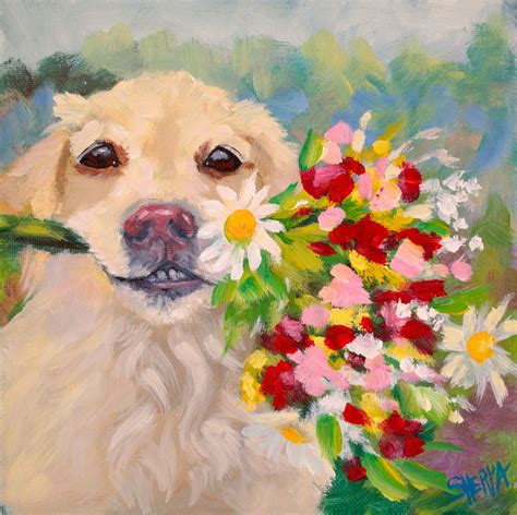 How To Paint A Cute Dog Holding Flowers Acrylic April Daily Painting