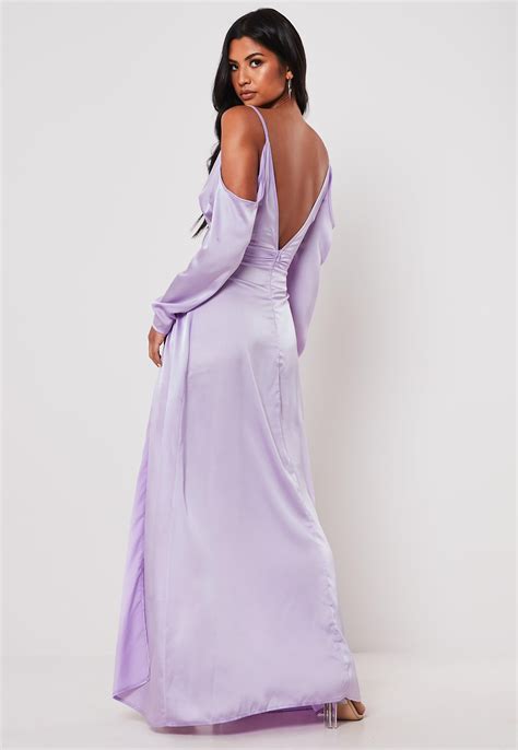 Lilac Satin Cold Shoulder Plunge Maxi Dress Missguided