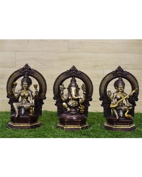 Brass Laxmi Ganesh Saraswati Statue Antique Color Finish Lakshmi