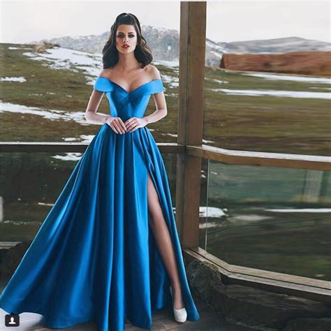 Sexy Royal Blue Long Evening Gowns High Side Split V Neck Off Shoulder