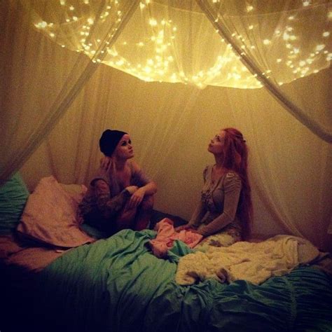 I think this was my very first pinterest project!! bed canopy lights How do I put this up without nails ...