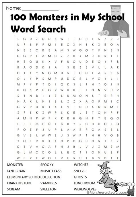100 Monsters In My School Word Search Monster Word Search