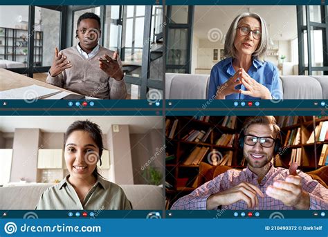 Four Diverse People Participate Virtual Team Meeting On Video