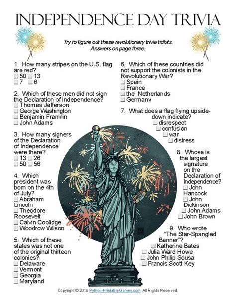 The trivia questions are listed below. Printable 4th of July Trivia Quiz for Adults | 4th of july trivia, 4th of july games, 4th of july