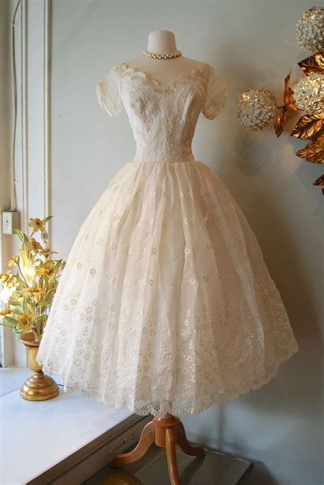 50s Wedding Dress Vintage 1950s Eyelet Tea Length Wedding Dress With