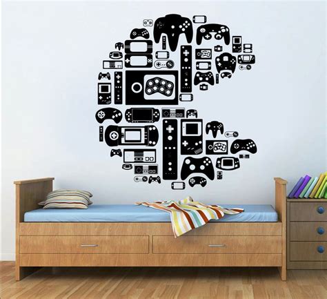 A Wall Decal With Video Game Controllers In The Shape Of A Map
