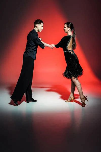 Elegant Young Couple Ballroom Dancers Dancing Red Light Stock Photo By