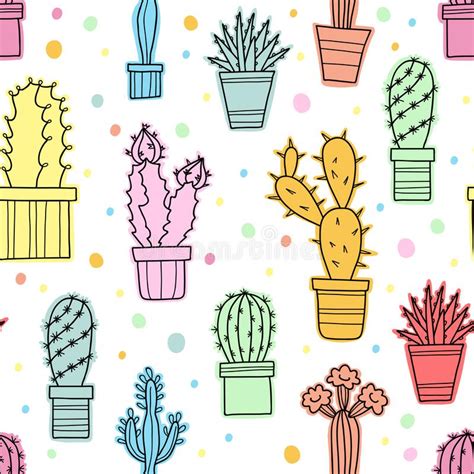 Vector Seamless Pattern Of Green Cacti And Plants In Pots Stock Vector