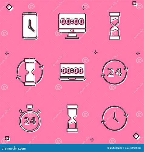 Set Alarm Clock App Mobile, Clock on Monitor, Old Hourglass, Laptop, 24