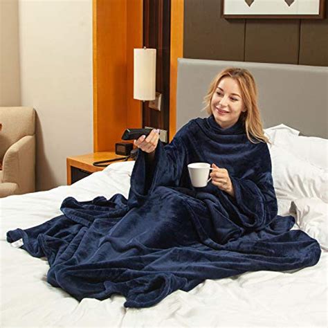 Wearable Fleece Blanket With Sleeves And Foot Pocket For Adult Women Men