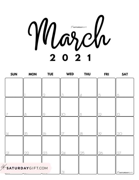 These calendars are horizontal and us letter size with a pretty script font. Cute (& Free!) Printable March 2021 Calendar | SaturdayGift